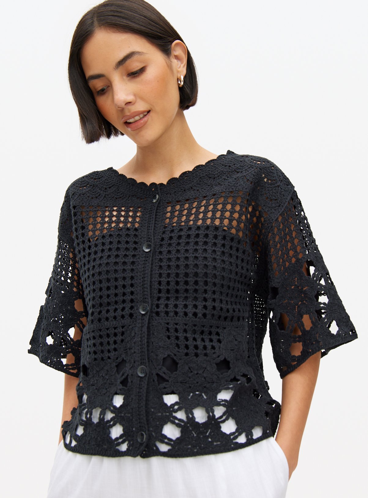 Black Crochet Stitch Boxy Cardigan M - Image 3 thumbnail