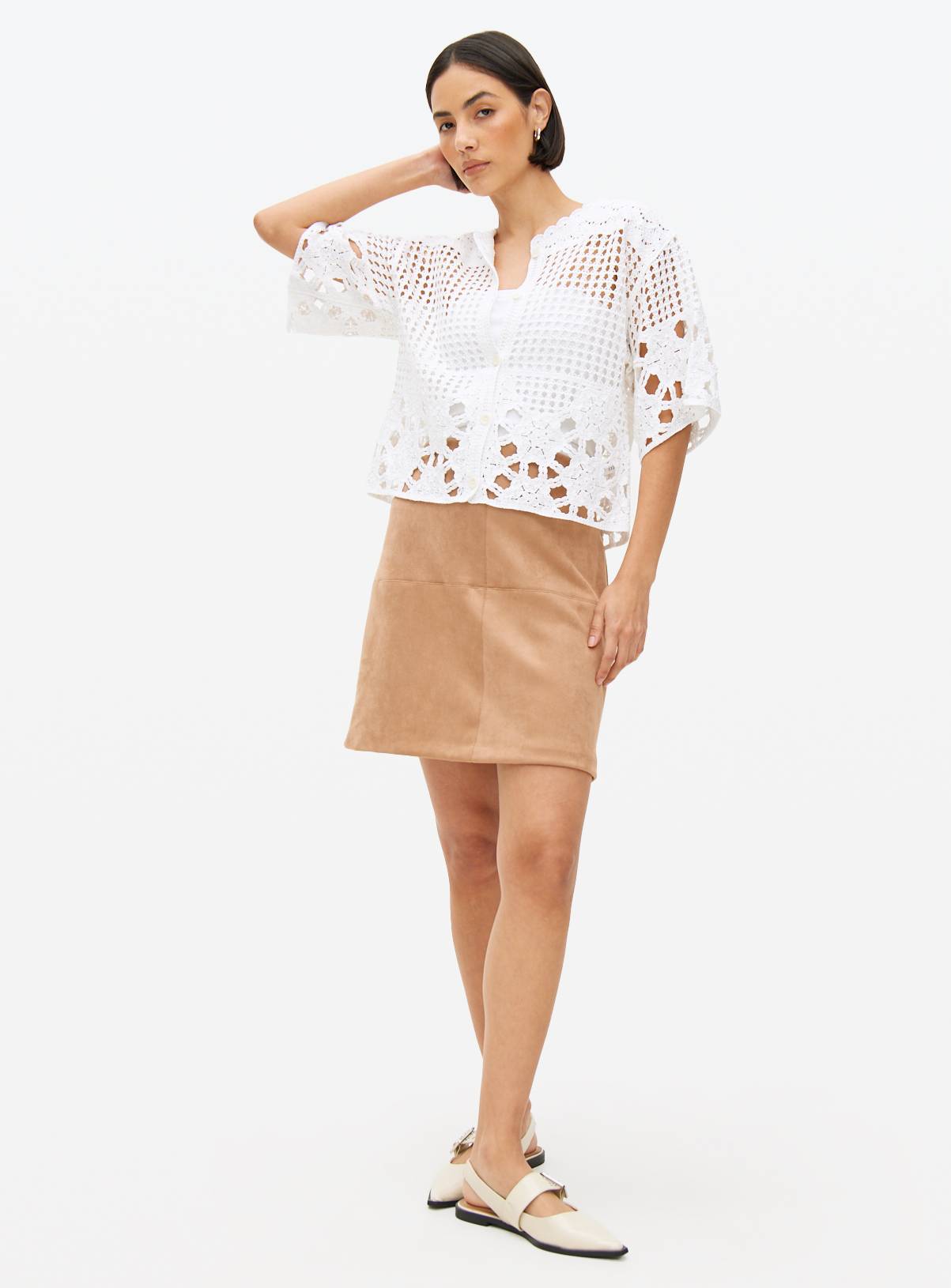 White Crochet Stitch Boxy Cardigan M - Image 3
