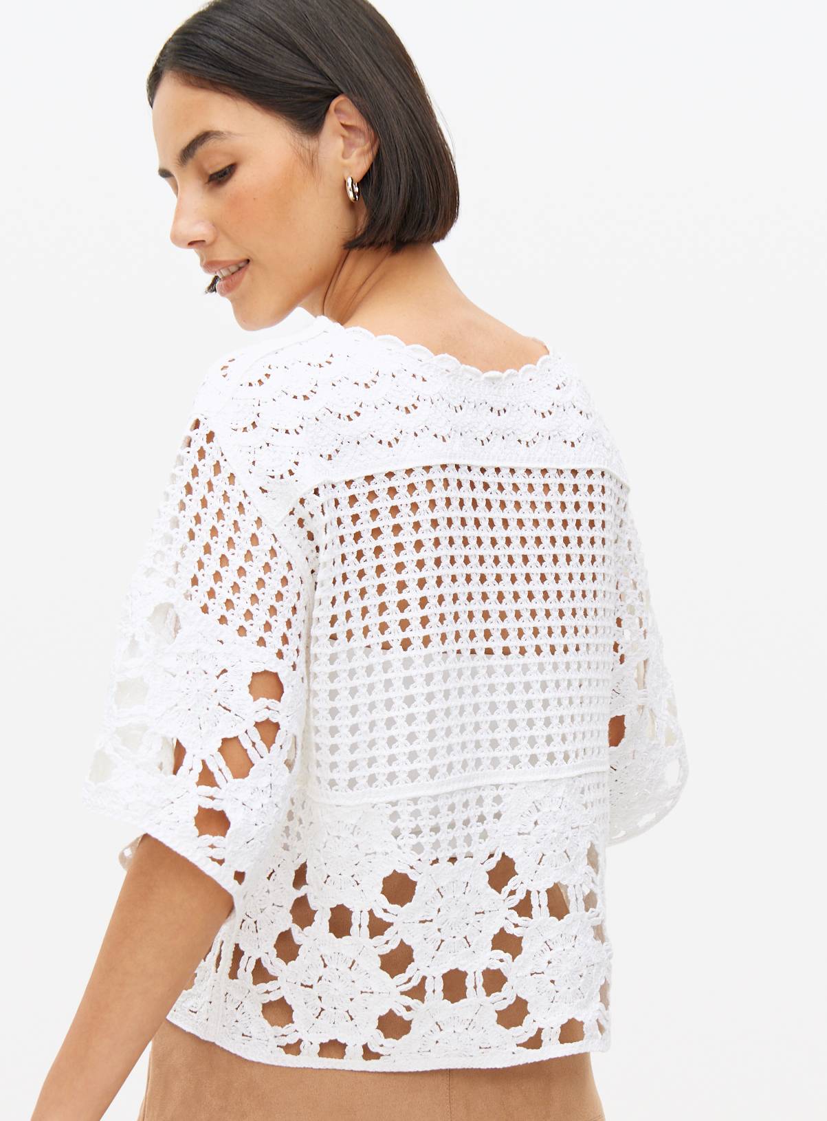 White Crochet Stitch Boxy Cardigan M - Image 4