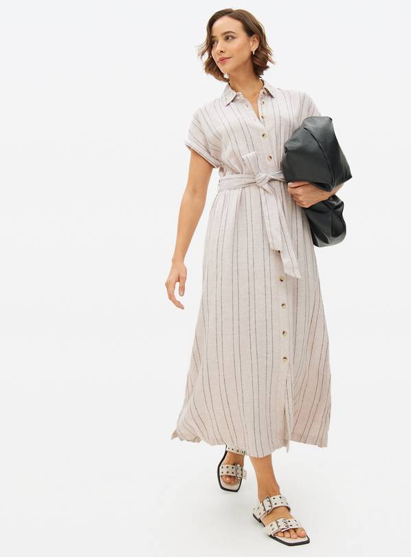 Neutral Stripe Linen Blend Shirt Dress 20
