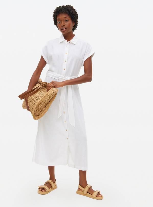 White Linen Blend Shirt Dress 24