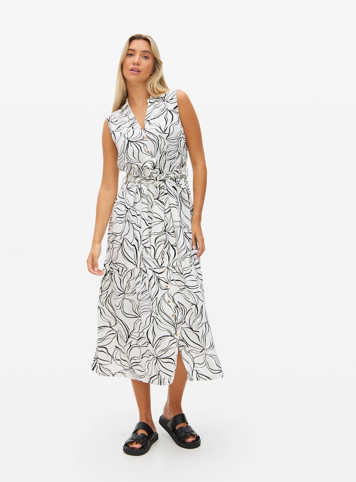 Mono Print Linen Sleeveless Shirt Midi Dress 6 - Image 2