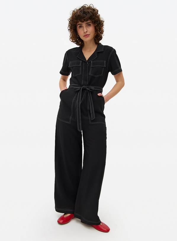 Black Contrast Stitch Belted Jumpsuit  22