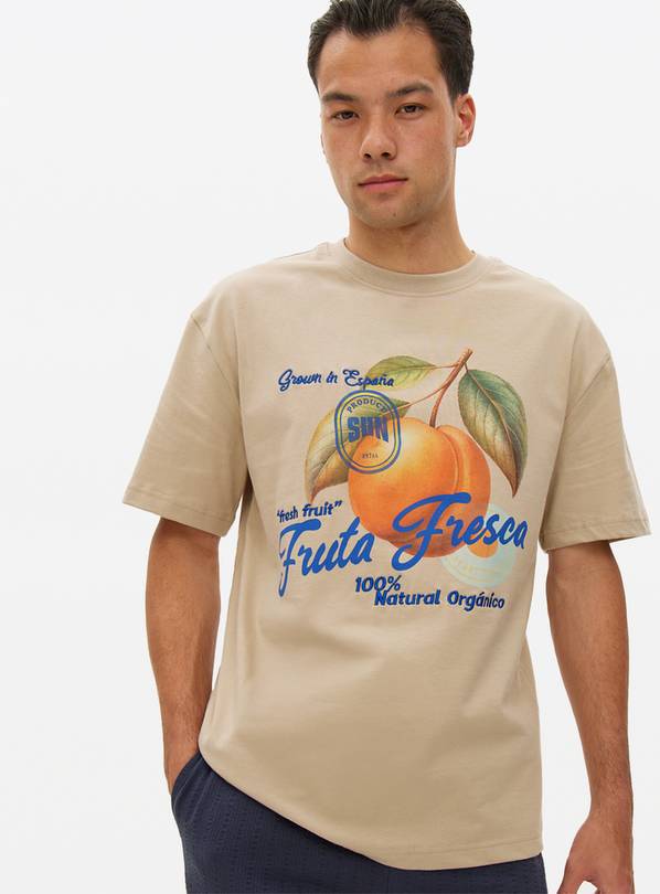 Beige Fruit Printed Relaxed T-Shirt XL