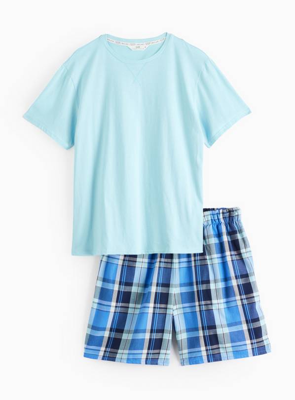 Teal Blue Check Short Sleeve Pyjamas White