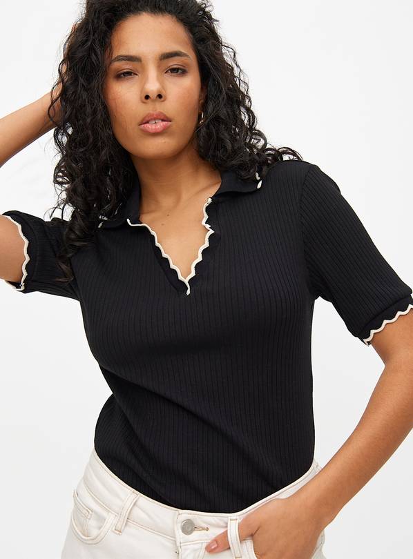 Black Scallop Trim Contrast Polo Top 20