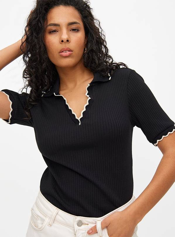 Black Scallop Trim Contrast Polo Top 12