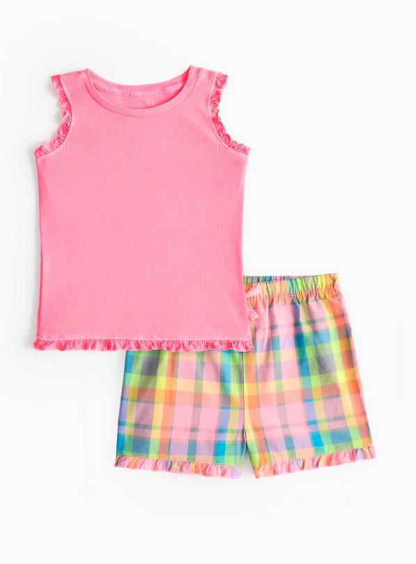Pink Ribbed Pyjama Vest & Check Shorts  1-2 years