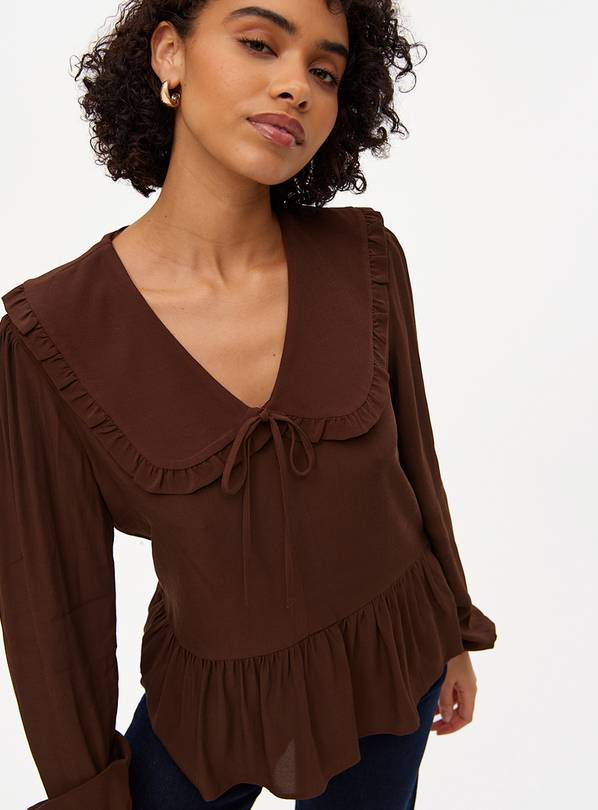 Chocolate Brown Collared Peplum Blouse 20