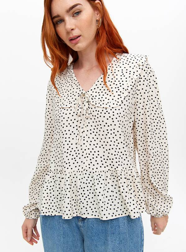 Cream Spot Print Collared Peplum Blouse 26