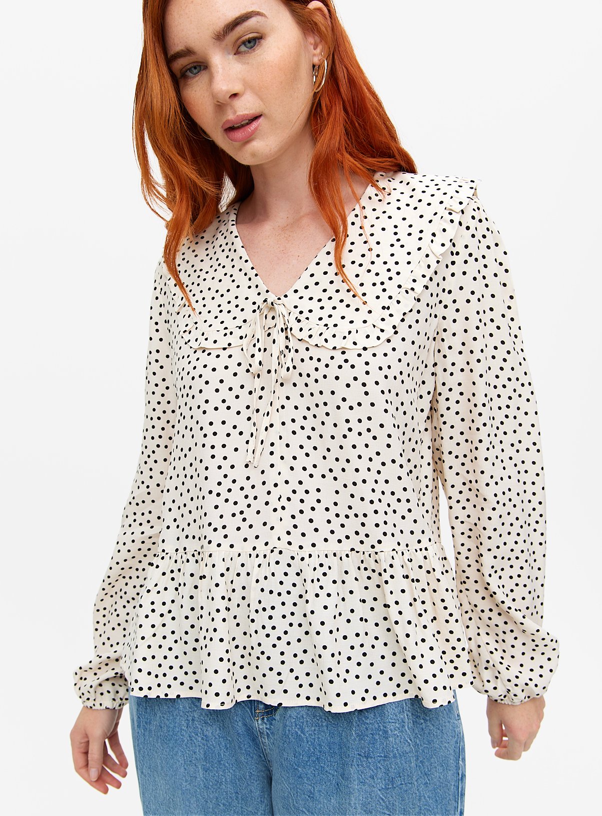 Cream Spot Print Collared Peplum Blouse 24