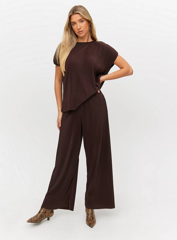 Chocolate Brown Plisse Wide Leg Co-ord Trousers  14R