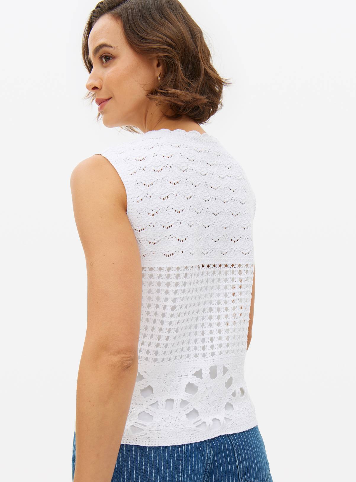 White Mixed Stitch Crochet Tank M - Image 4