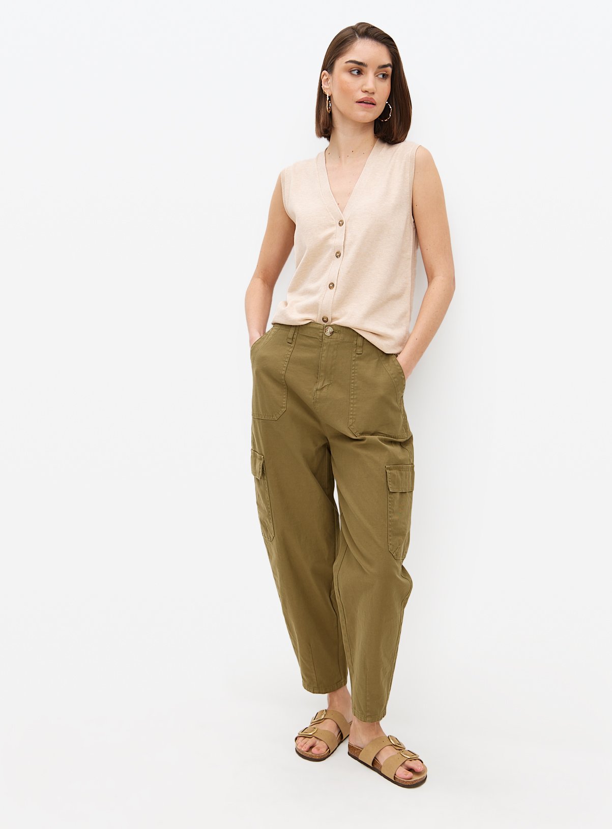Oatmeal Button Soft Touch Sleeveless Vest 8 - Image 2 thumbnail