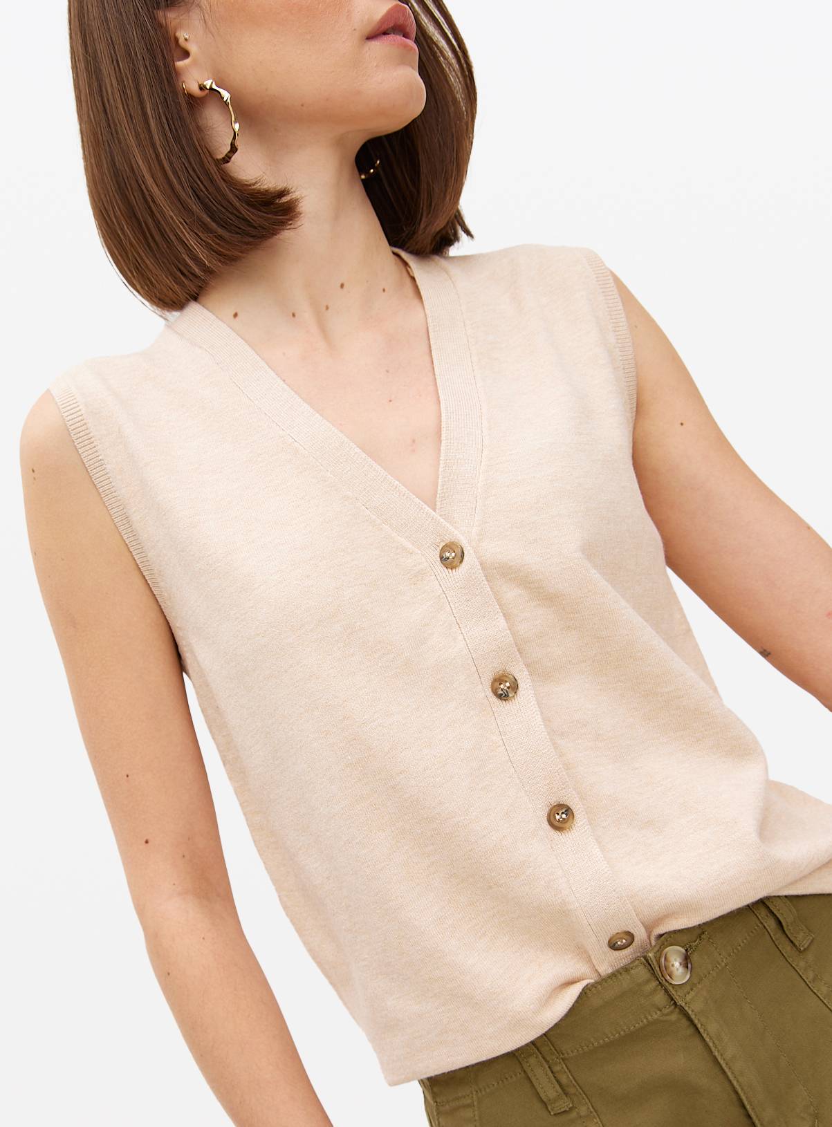 Oatmeal Button Soft Touch Sleeveless Vest 8 - Image 3