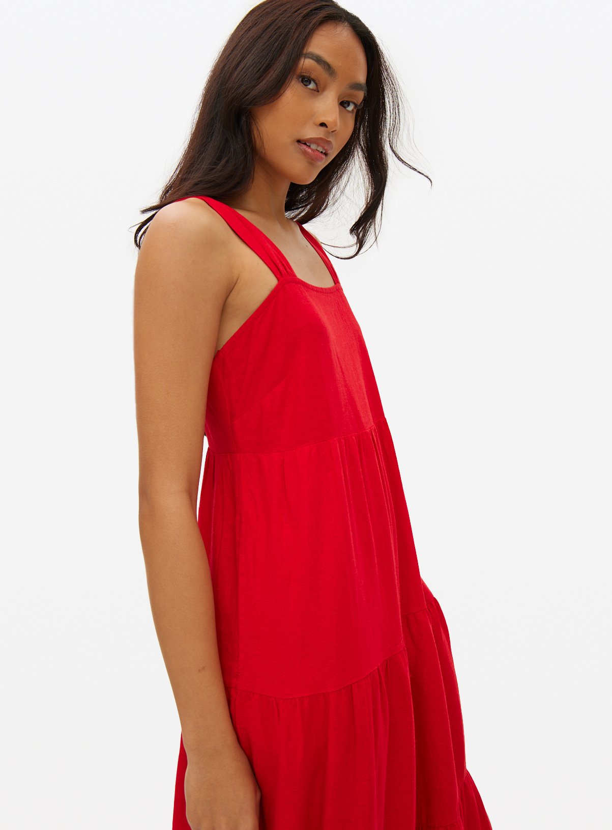 Red Tiered Linen Maxi Dress M - Image 1 thumbnail