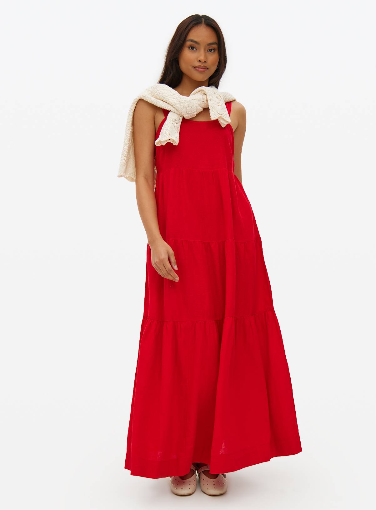 Red Tiered Linen Maxi Dress M - Image 2