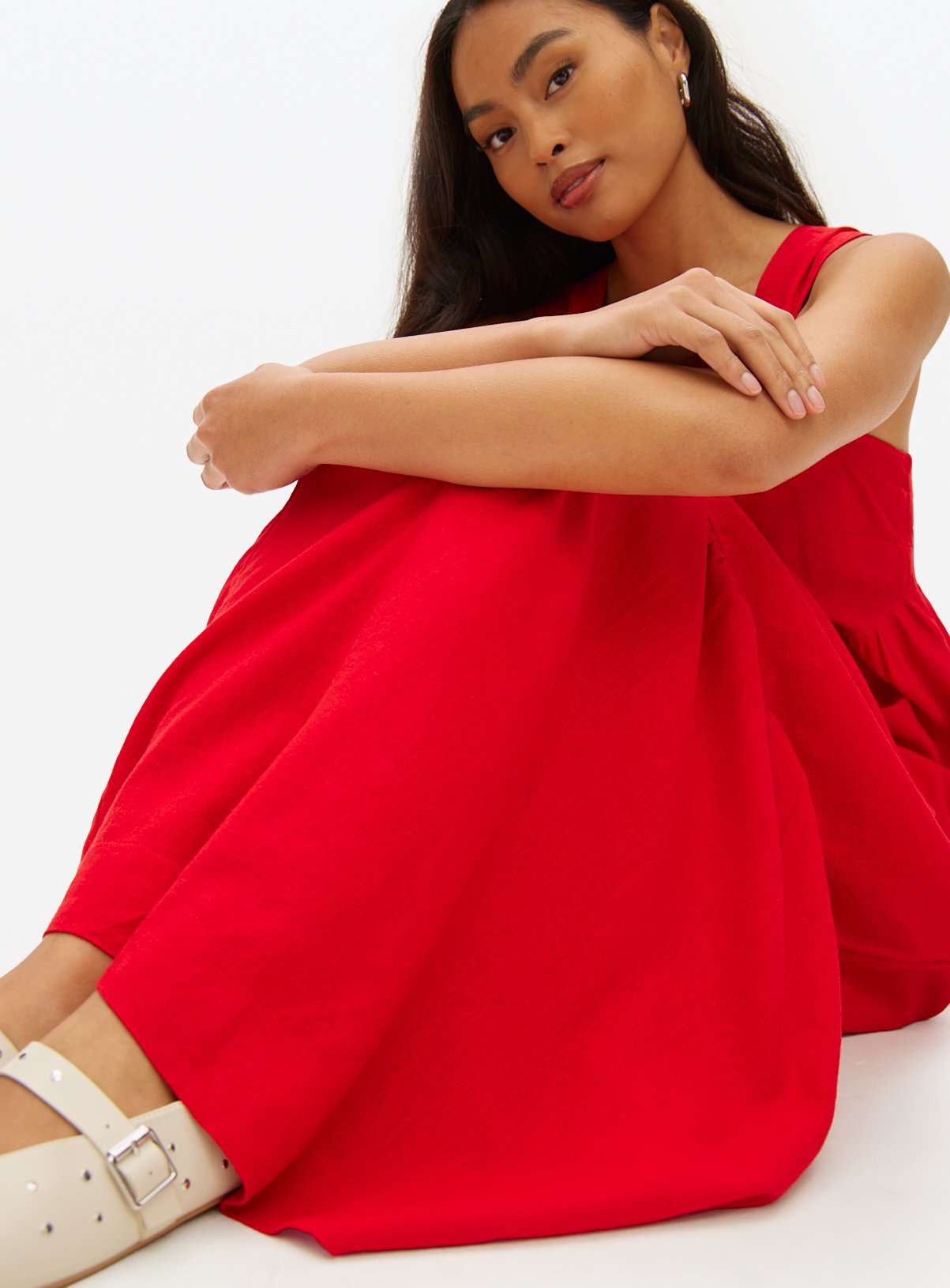 Red Tiered Linen Maxi Dress M - Image 3 thumbnail