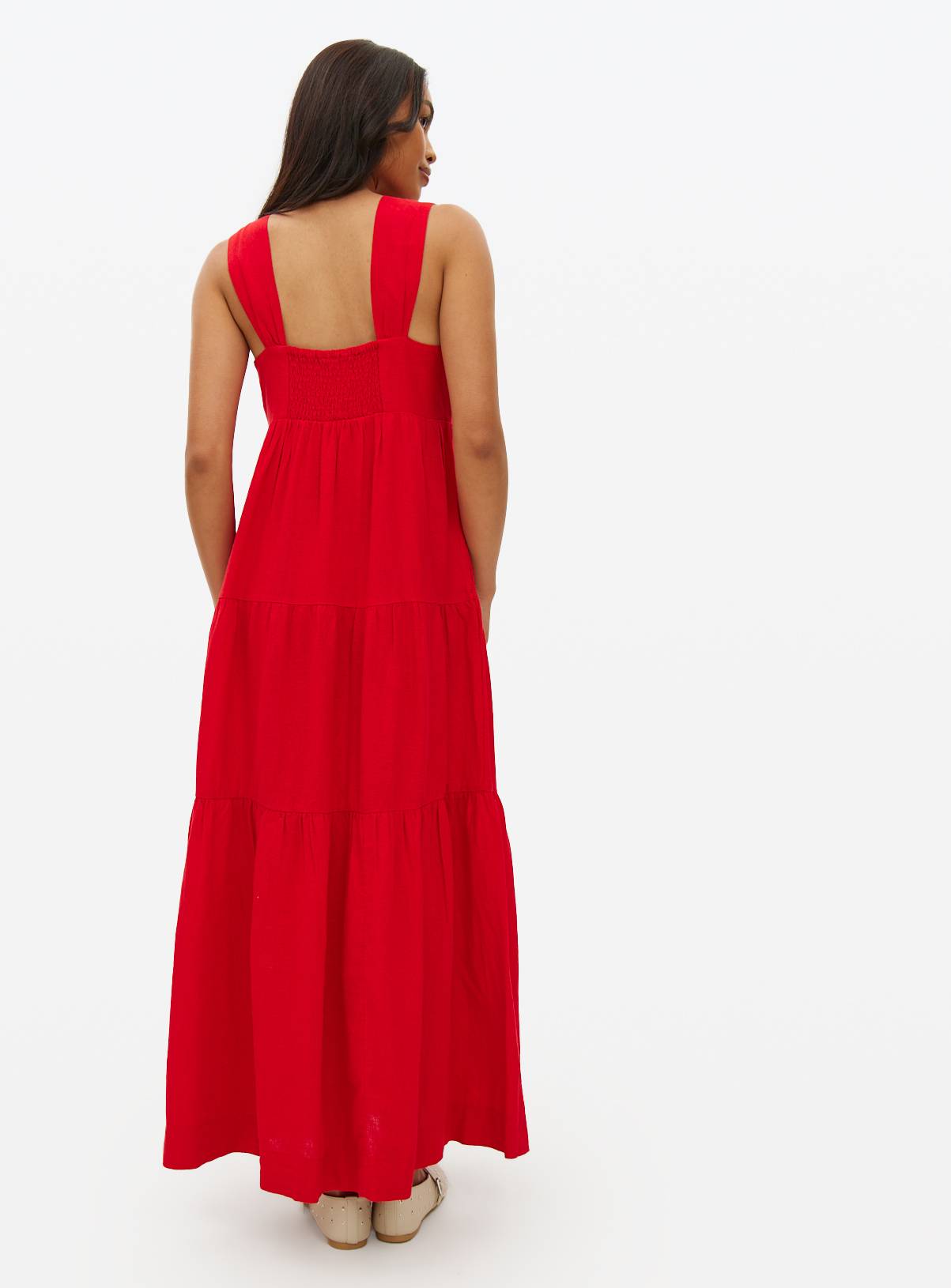 Red Tiered Linen Maxi Dress M - Image 4
