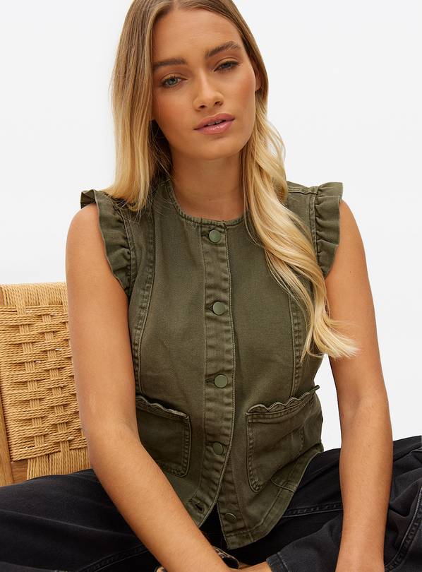 Khaki Frill Detail Denim Waistcoat S