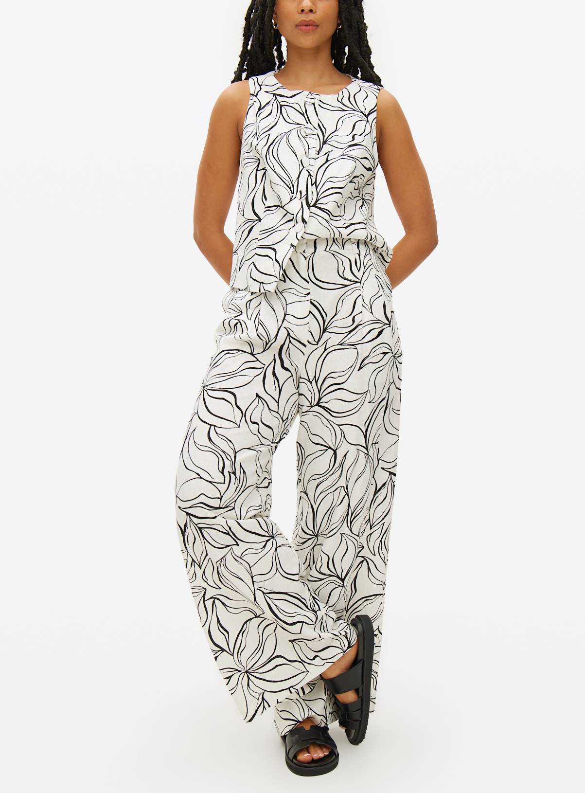 Mono Print Linen Blend Co-ord Wide Leg Trousers  14S - Image 1