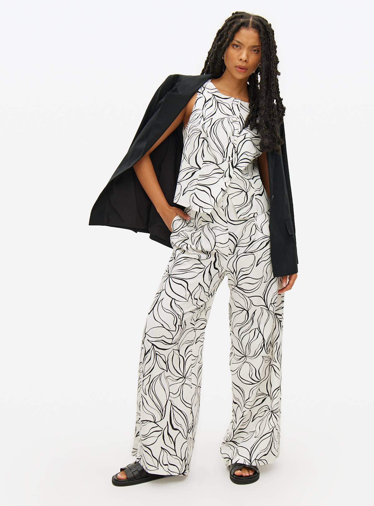 Mono Print Linen Blend Co-ord Wide Leg Trousers  14S - Image 2