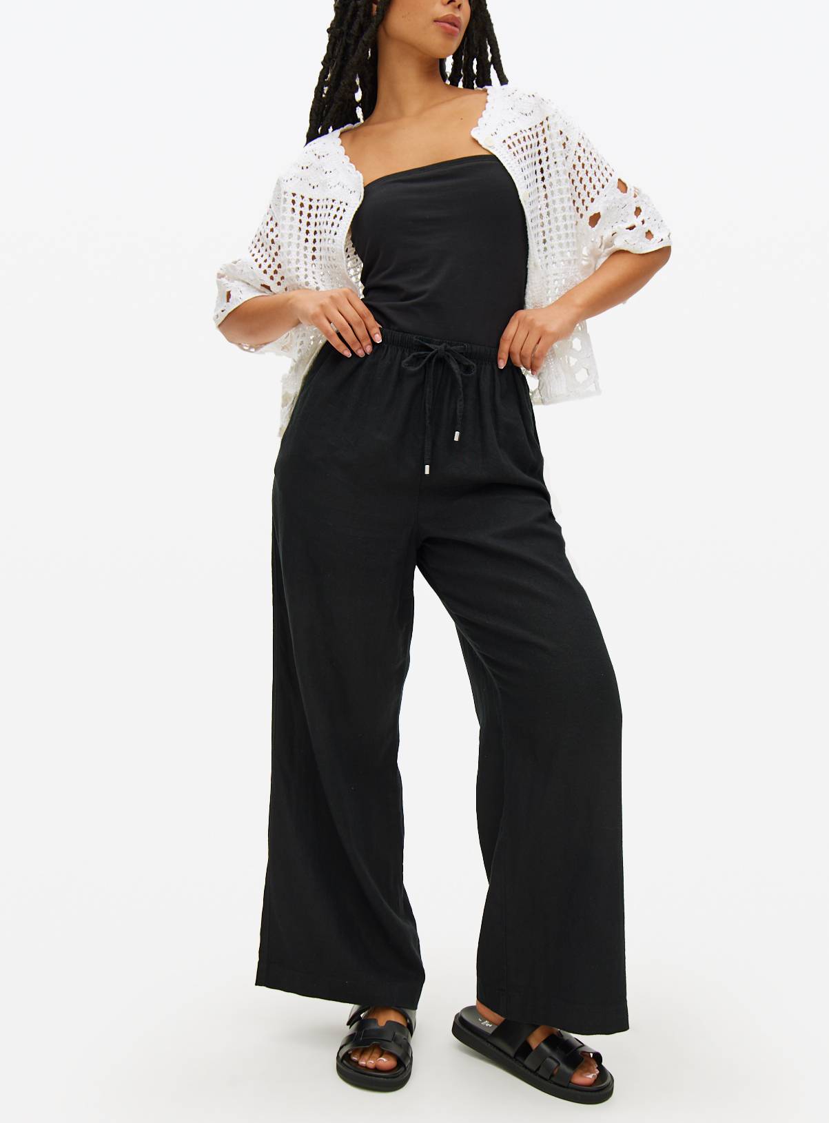 Black Wide Leg Linen Blend Co-ord Trousers 16 - Image 1