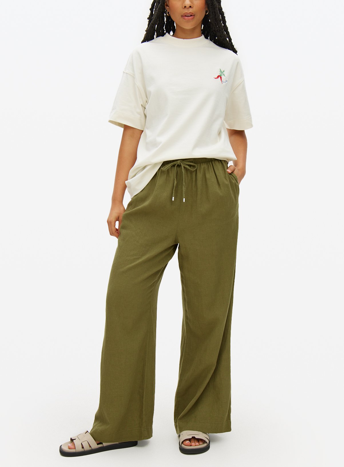 Khaki Wide Leg Linen Blend Co-ord Trousers 8 - Image 1 thumbnail