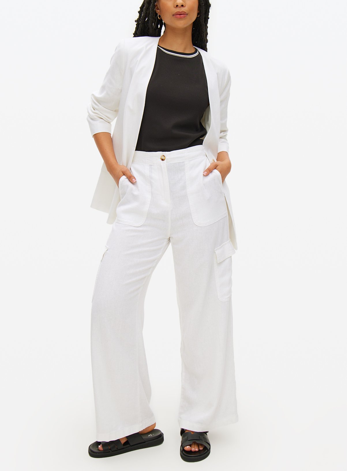 White Linen Blend Co-ord Utility Trousers  16 - Image 1 thumbnail