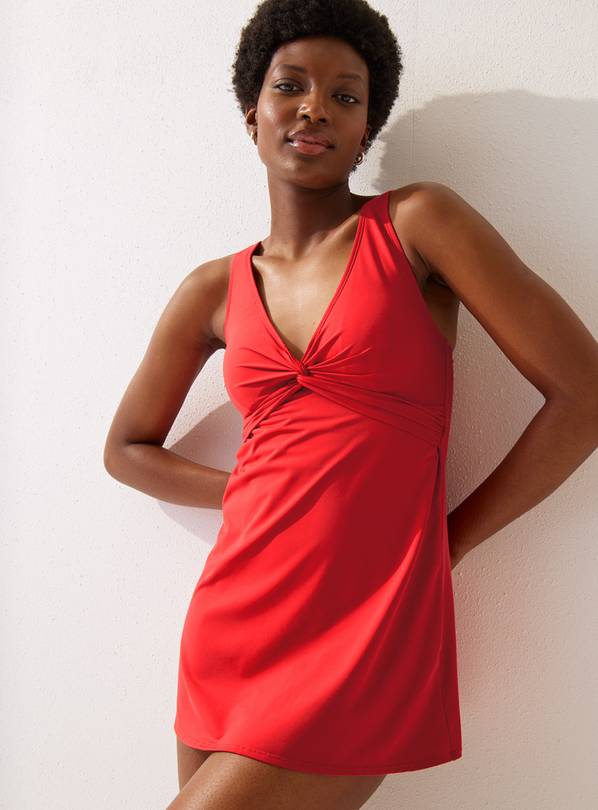 Red Shaping Tummy Control Skirt Swim Dress 10