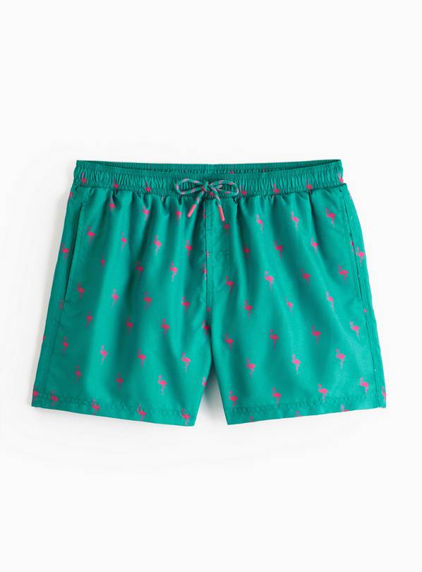 Green & Pink Flamingo Print Swim Shorts L