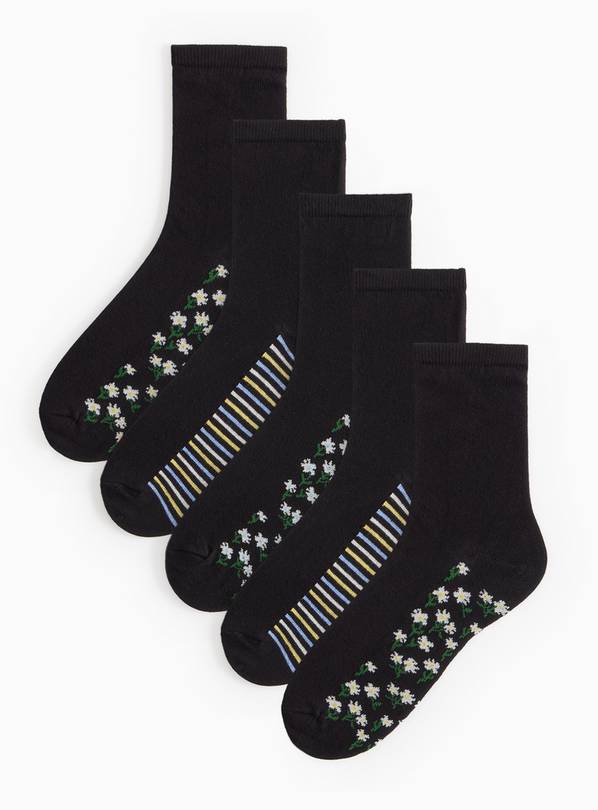 Black Floral Footbed Ankle Socks 5 Pack 4-8