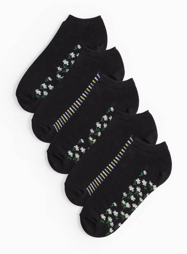 Black Floral Footbed Trainer Socks 5 Pack 4-8