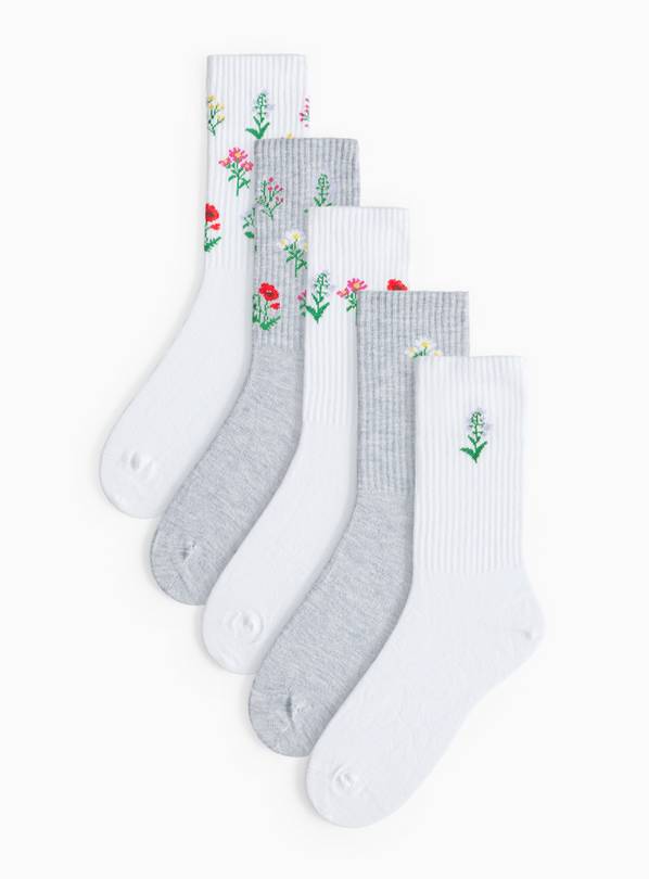 White & Grey Floral Sports Socks 5 Pack 4-8