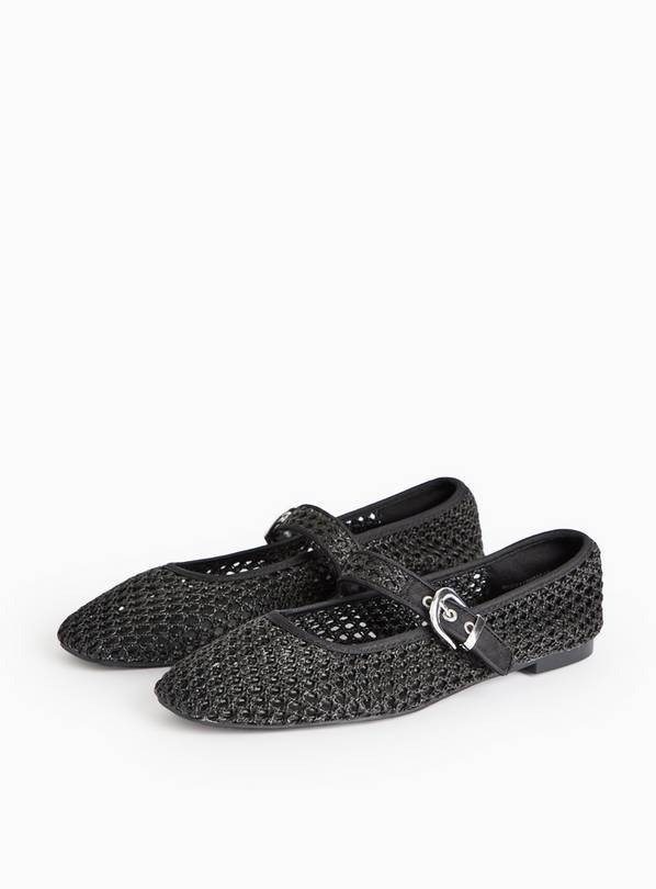 Black Buckle Woven Ballerina Pumps  8