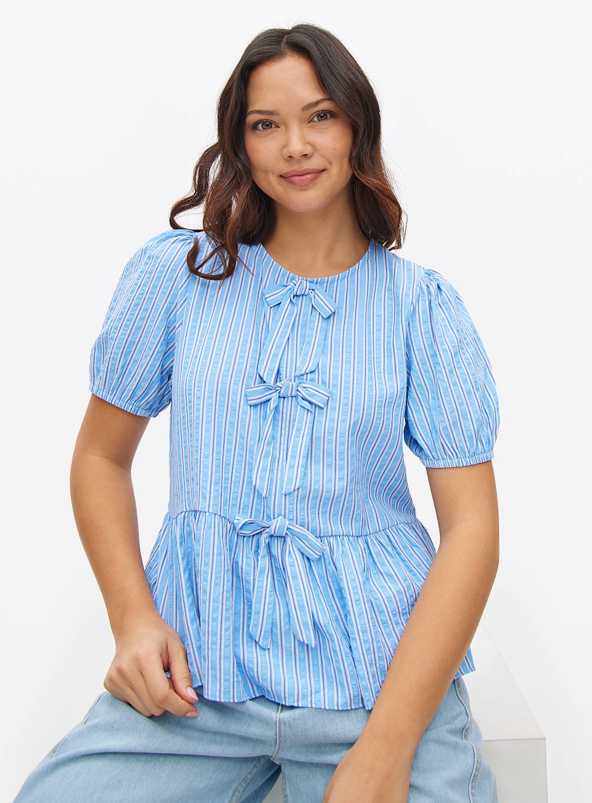 Blue Stripe Bow Front Blouse 20 - Image 1