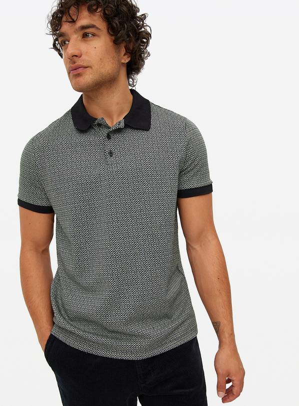 Black Geo Jacquard Polo Shirt L