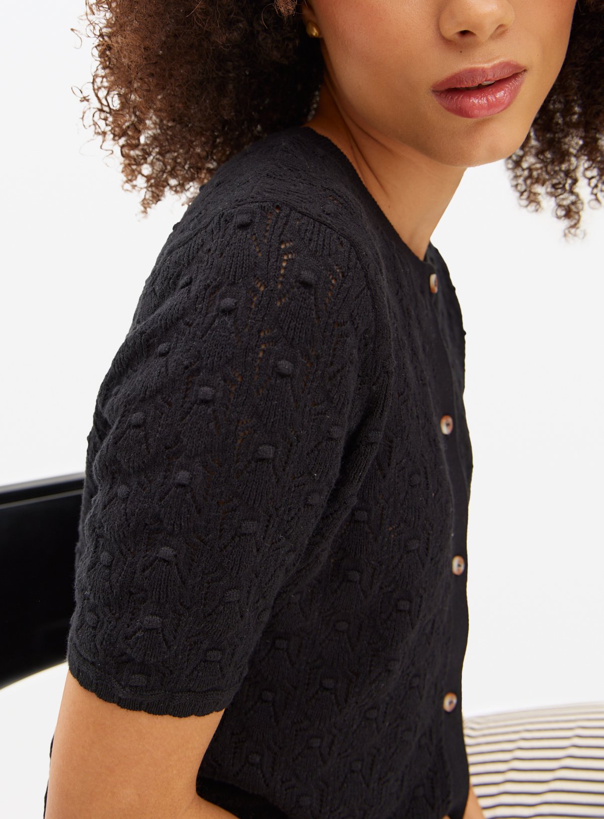 Black Bobble Pointelle Short Sleeve Cardigan 20 - Image 3 thumbnail