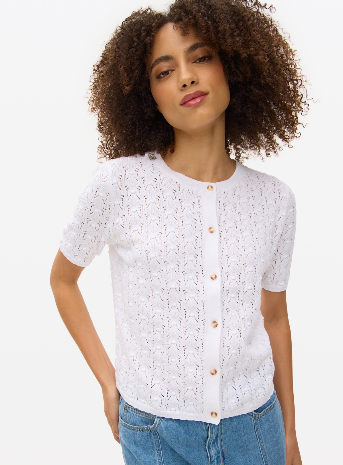 White Bobble Pointelle Short Sleeve Cardigan 6 - Image 1 thumbnail