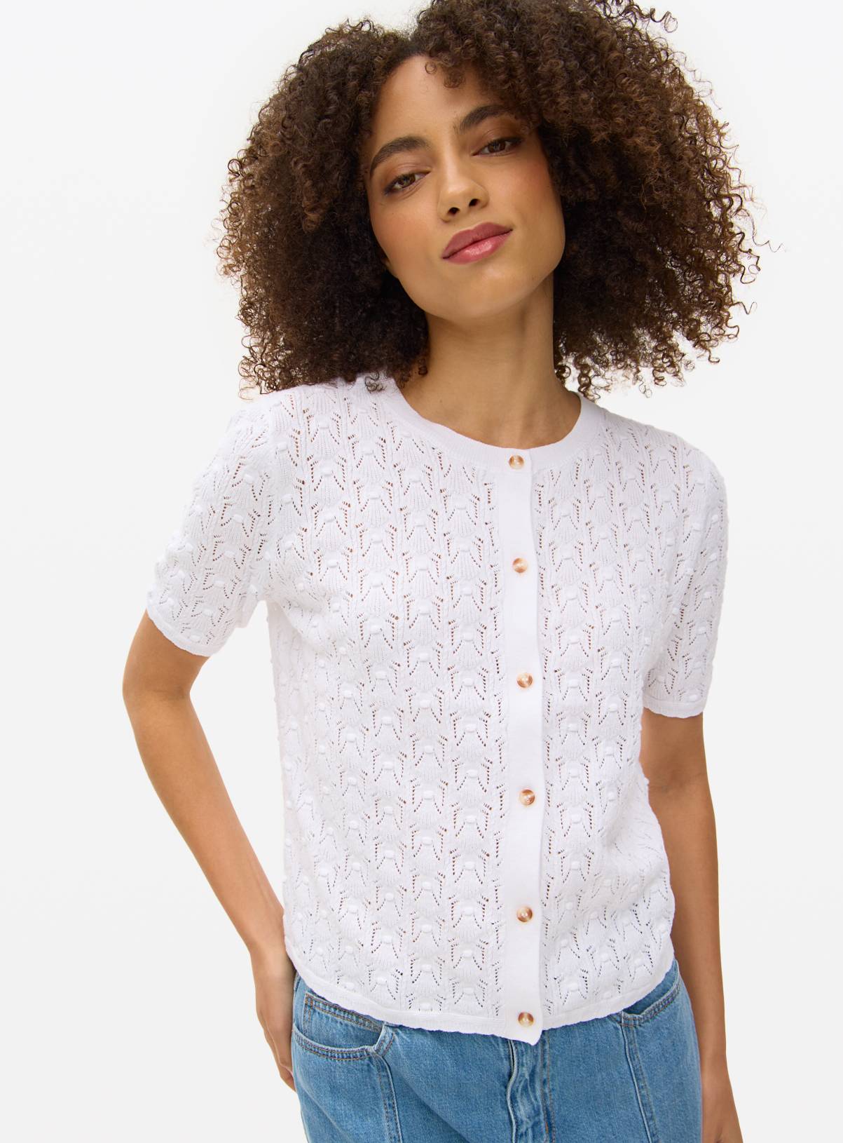 White Bobble Pointelle Short Sleeve Cardigan 6 - Image 1