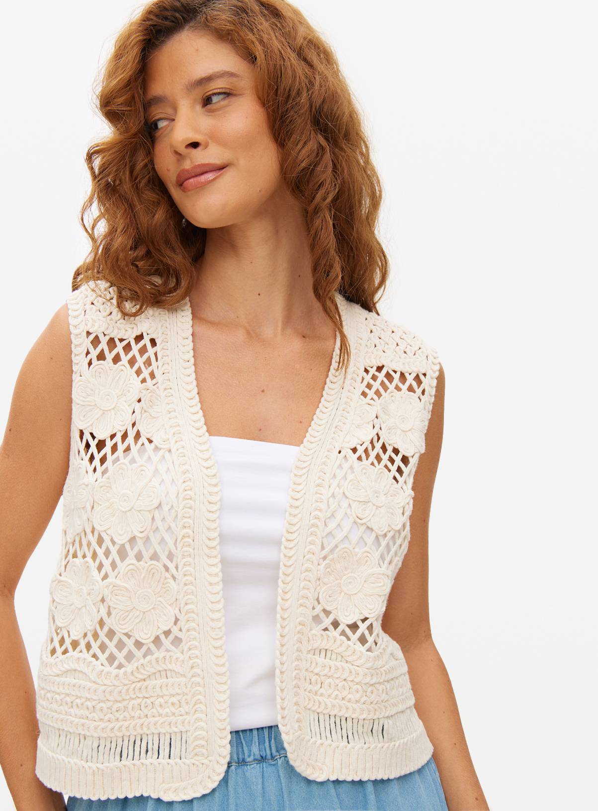 Neutral Floral Crochet Waistcoat M - Image 1
