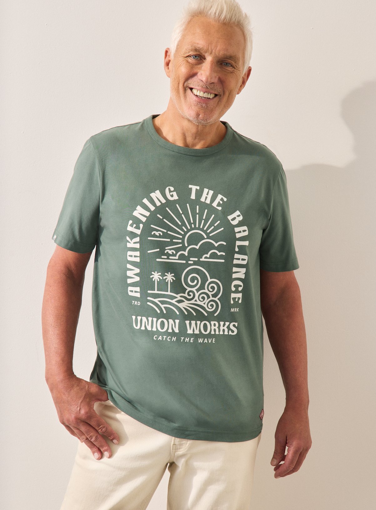 Men's UNION WORKS Green Wave Graphic Crew T-Shirt