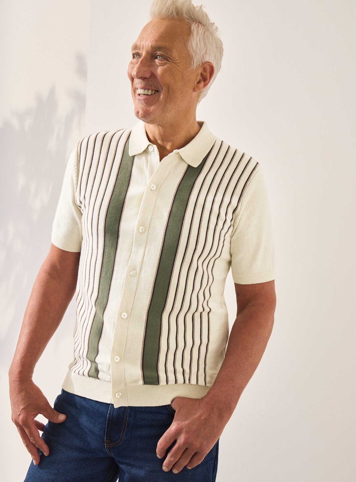 UNION WORKS Cream Striped Knit Polo Shirt L
