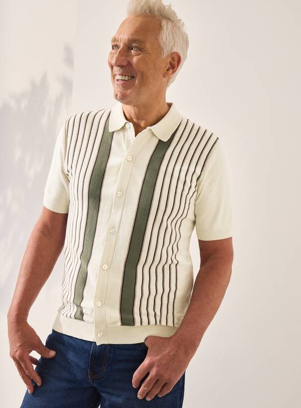 UNION WORKS Cream Striped Knit Polo Shirt L