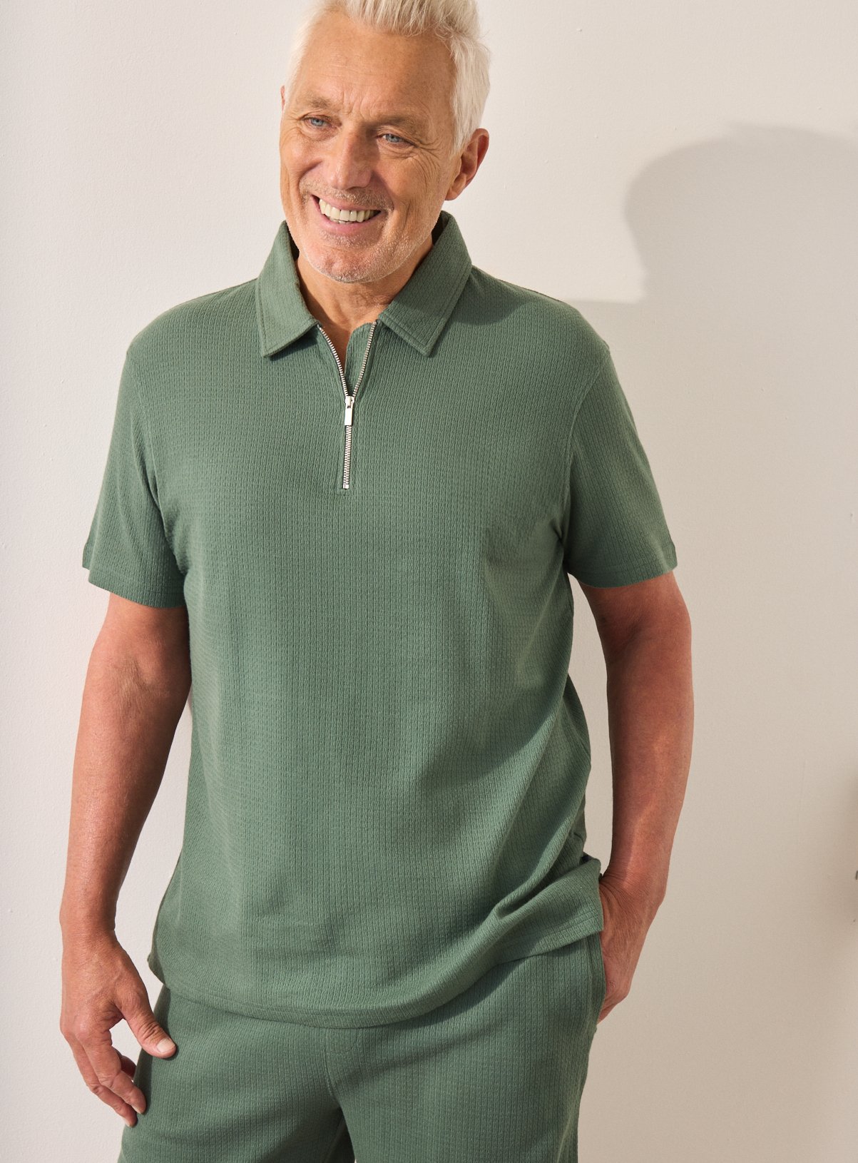 Men's UNION WORKS Green Textured Co-ord Polo Shirt