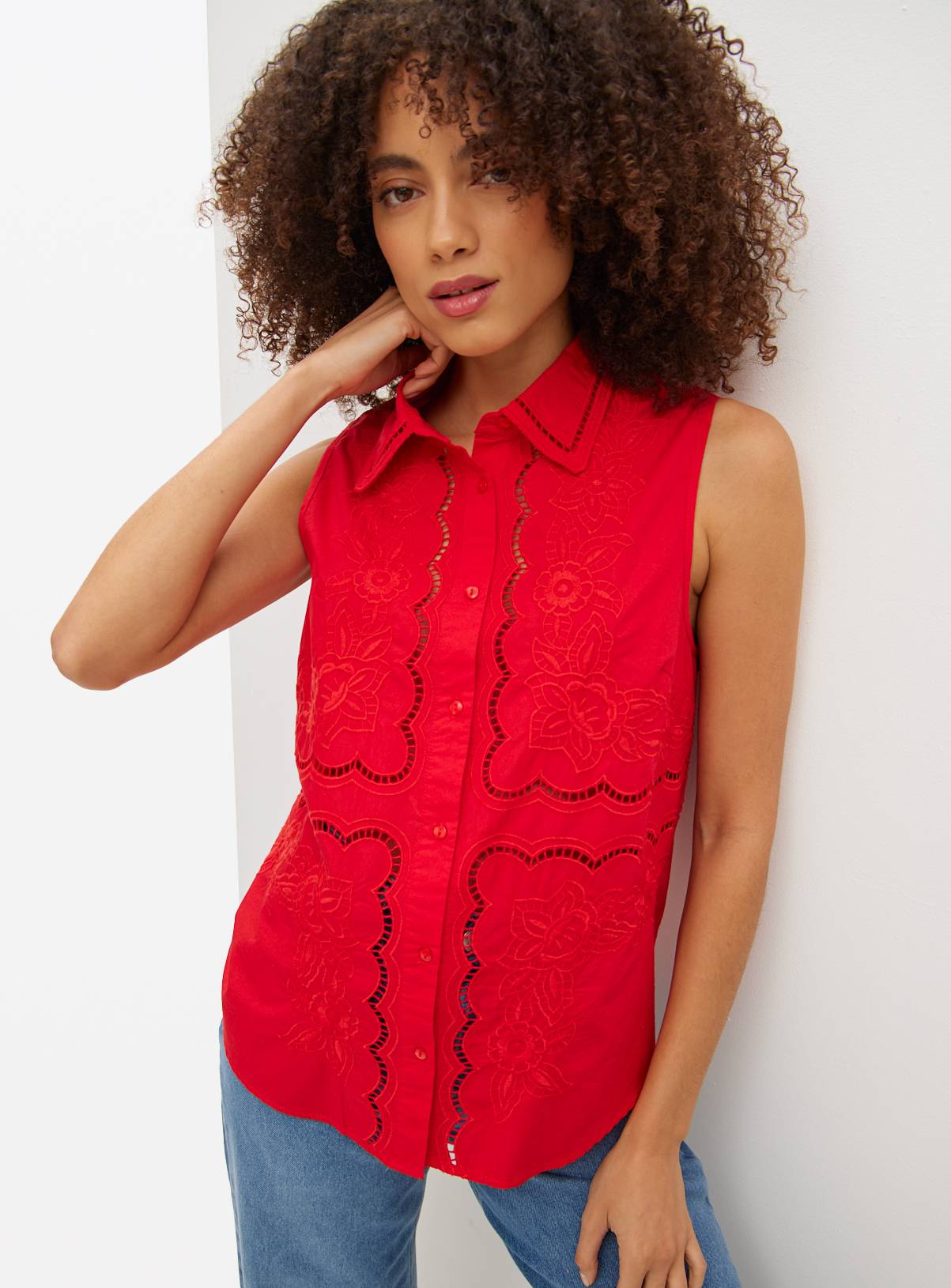 Red Broderie Detail Sleeveless Shirt 14 - Image 1