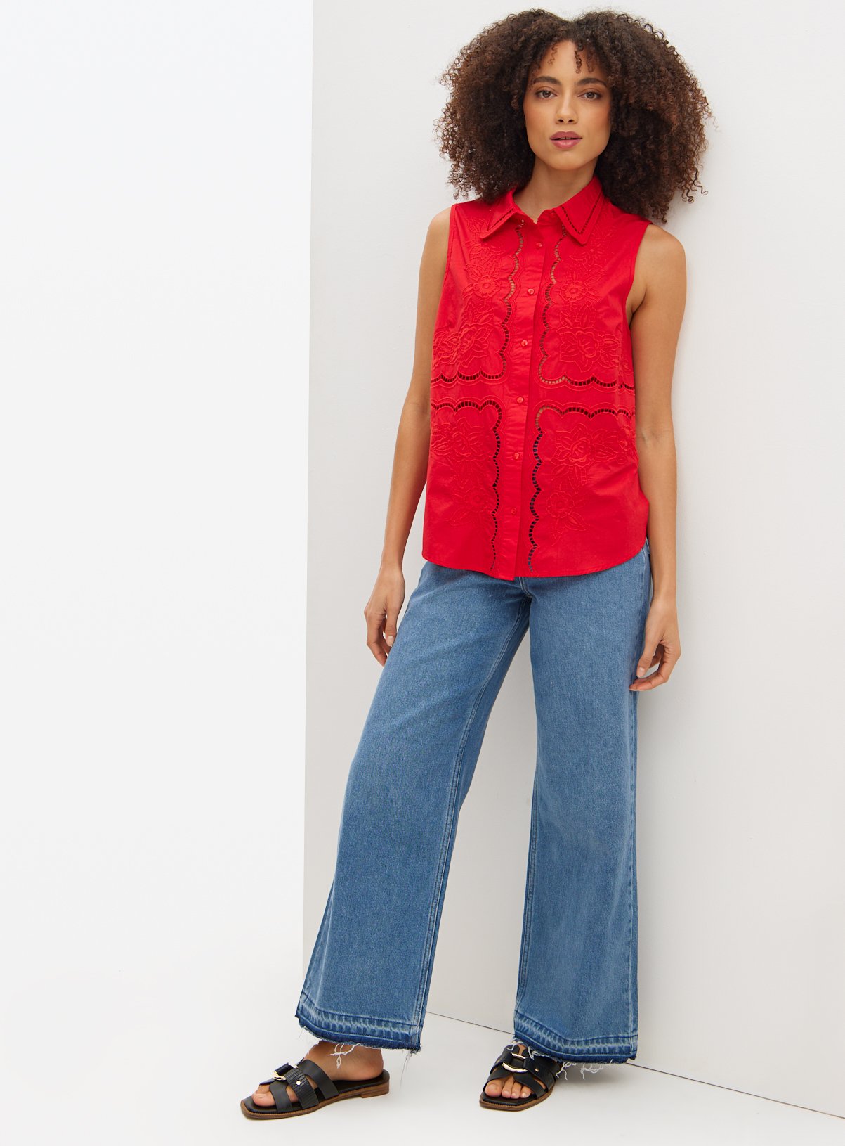 Red Broderie Detail Sleeveless Shirt 14 - Image 2 thumbnail