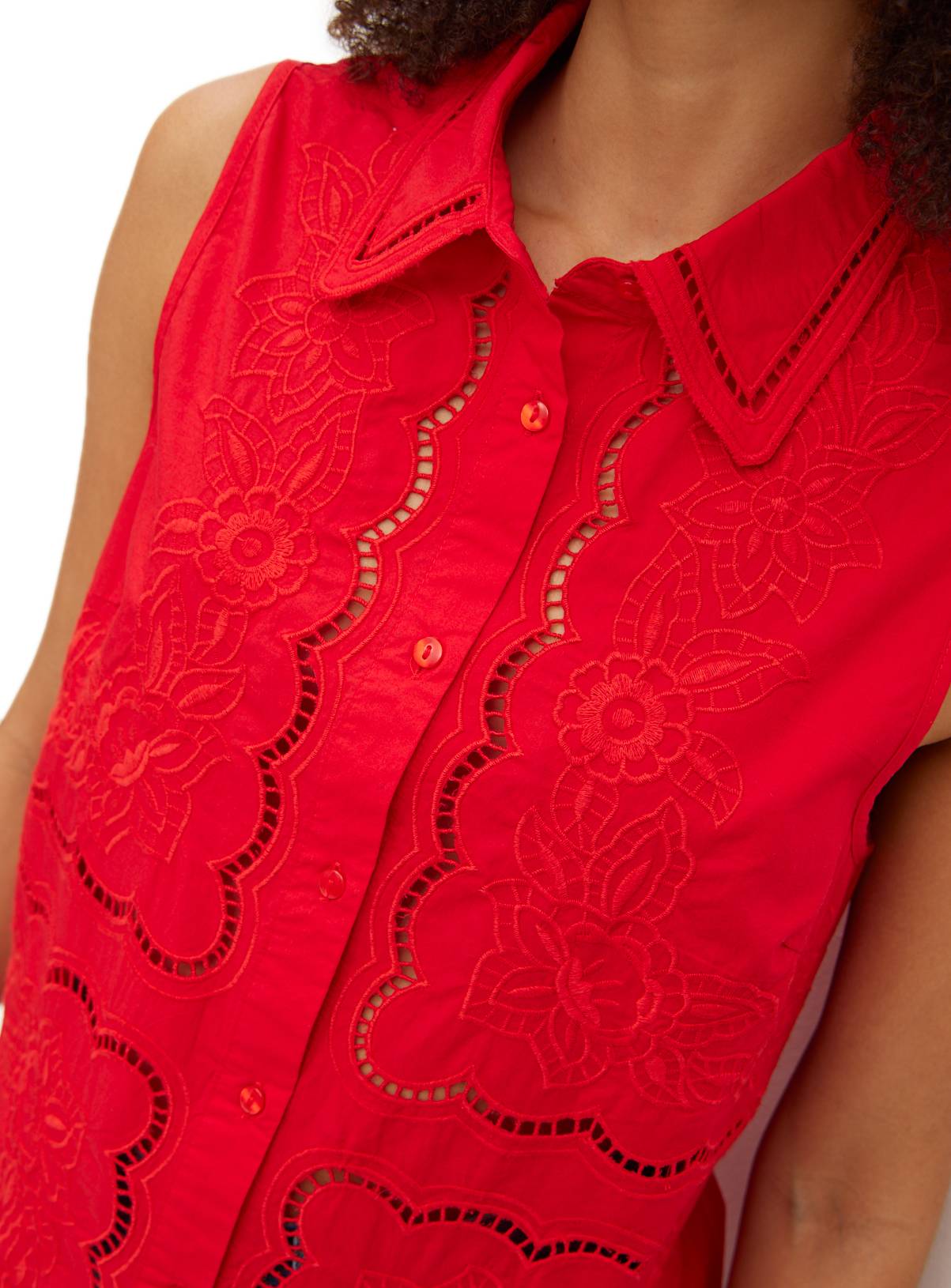 Red Broderie Detail Sleeveless Shirt 14 - Image 3