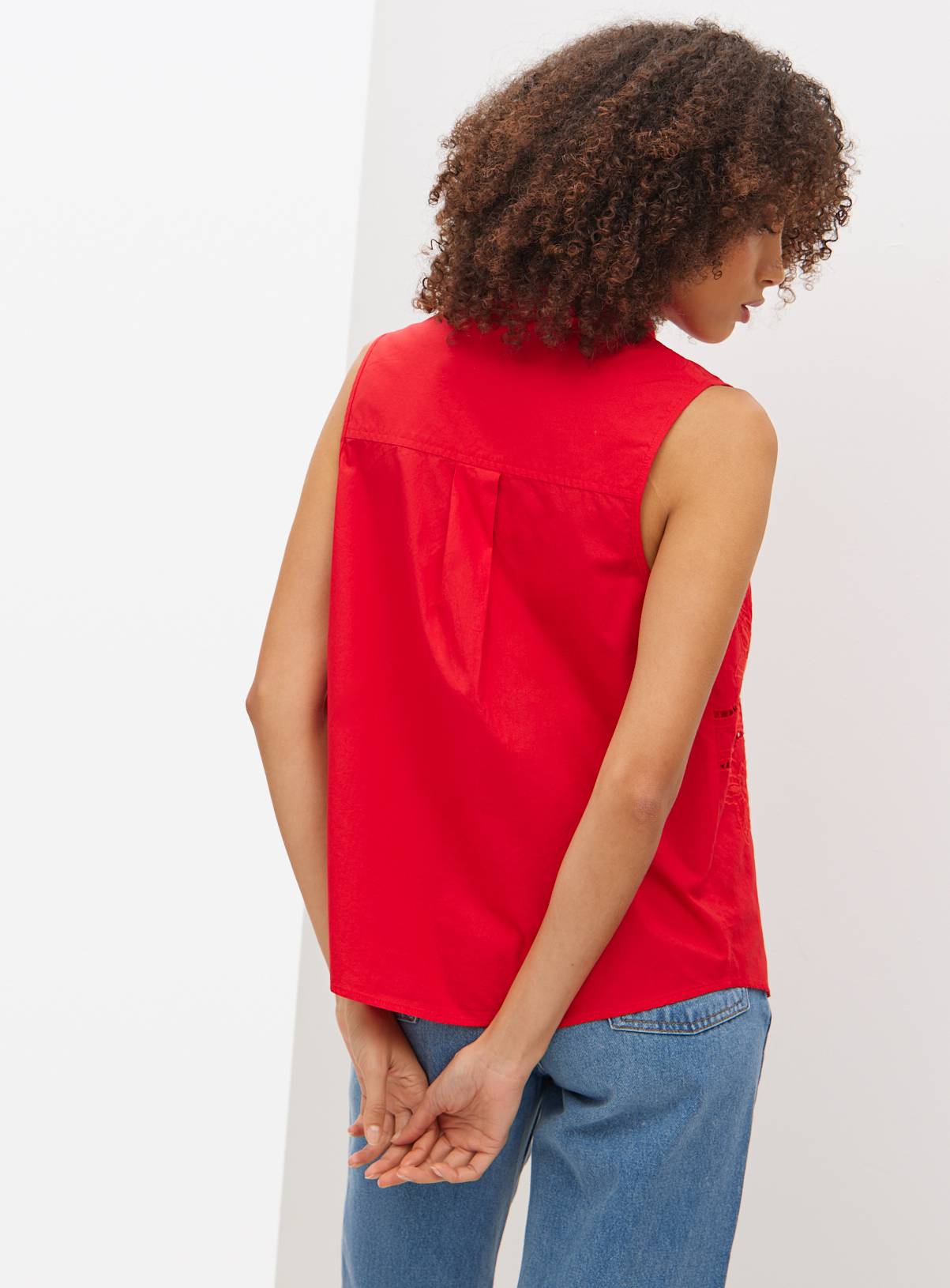 Red Broderie Detail Sleeveless Shirt 14 - Image 4