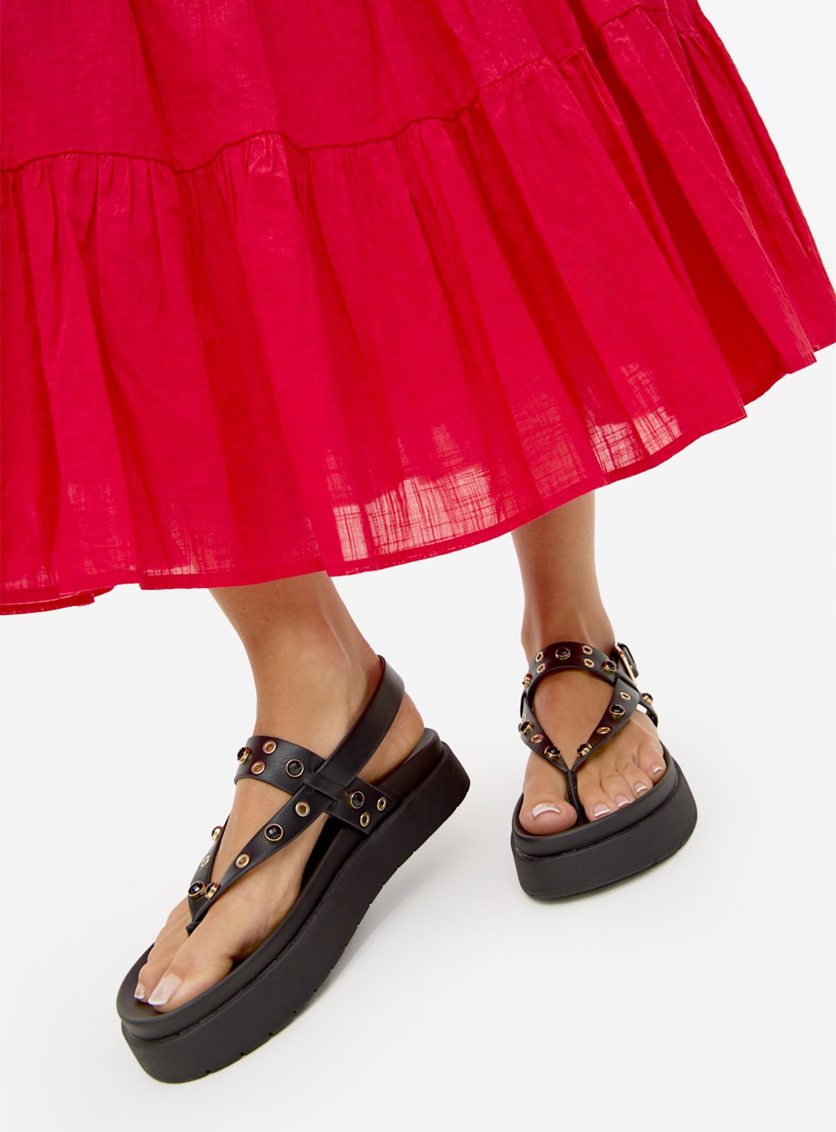 Black Eyelet Toe Post Wedge Sandals